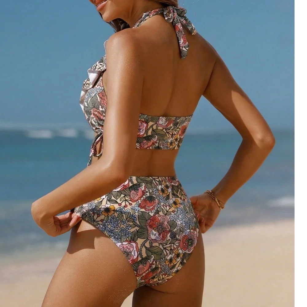 Boho Floral Print V neck Ruffle Detail High Waisted 2 piece Bikini set - Picture 2 of 4